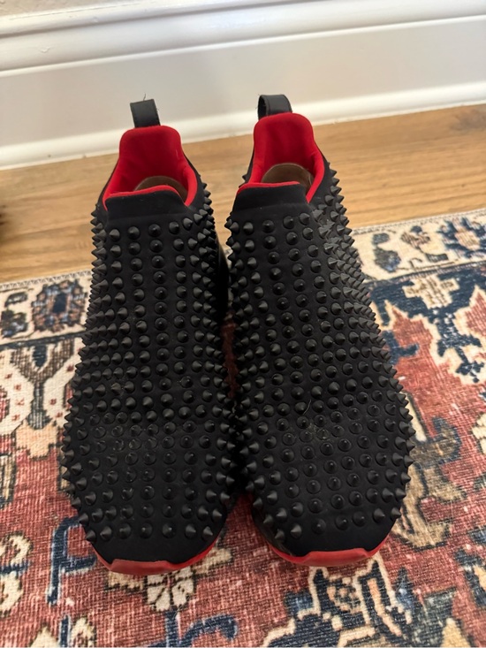 Christian Louboutin Shoes - Christian Louboutin Black Studded Slip-On Sneakers with Red Interior